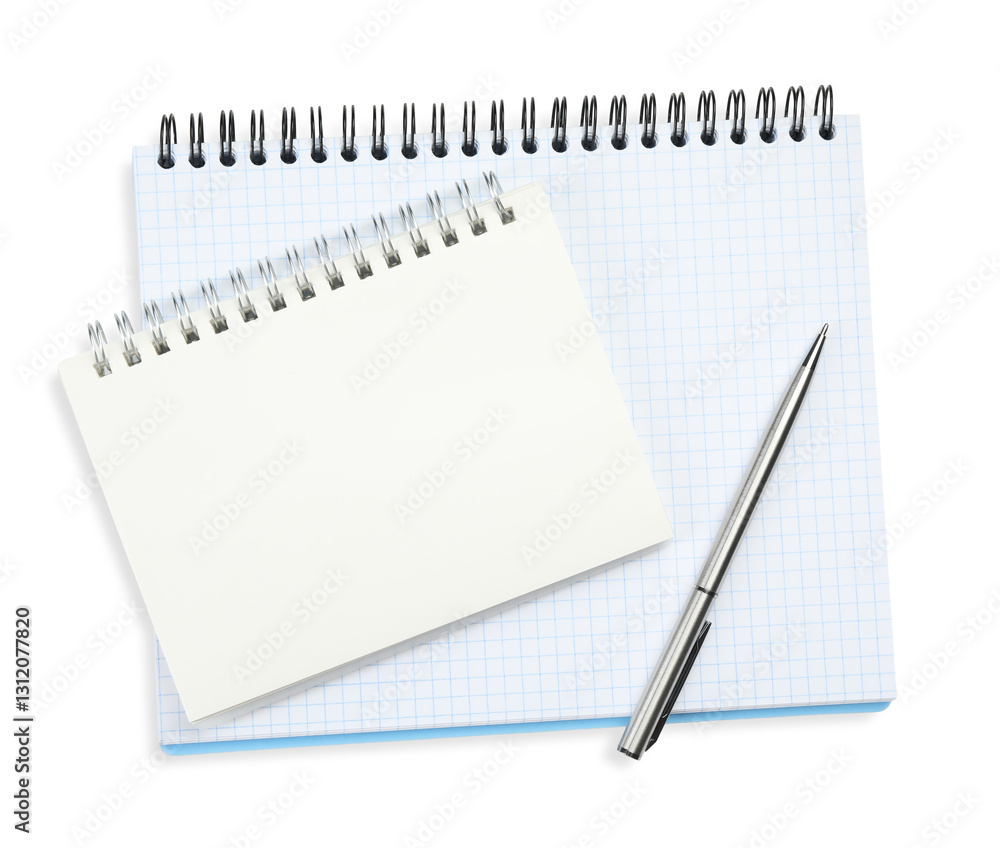 Notepads and pen isolated on white, top view. Space for text Notepads and pen isolated on white, top view. Space for text