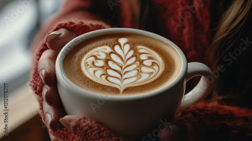 A joyful New Year's celebration for 2025 features a woman holding a cappuccino with an intricately engraved foam design. photo