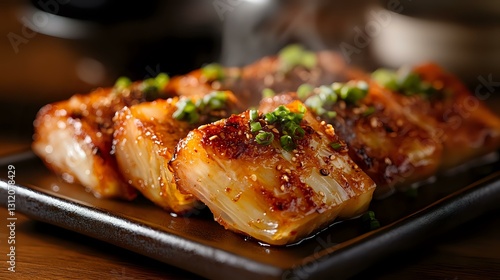 Glazed salmon nigiri sushi pieces garnished with fresh chopped herbs and teriyaki sauce on black plate, close up view showing texture and shine of caramelized glaze.