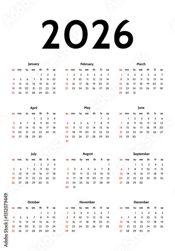 Calendar for 2026 isolated on a white background