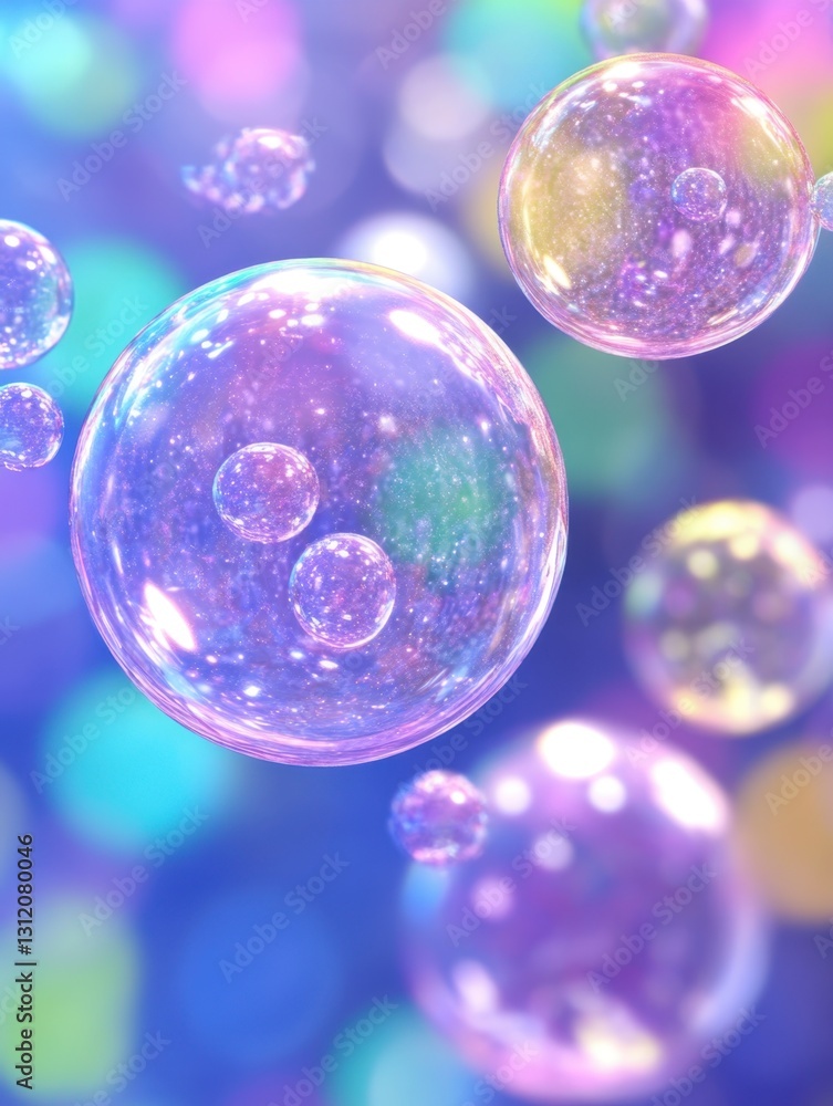 Naklejka premium Floating iridescent soap bubbles against a pastel background. Light and airy, whimsical and dreamy aesthetic. Perfect for backgrounds.