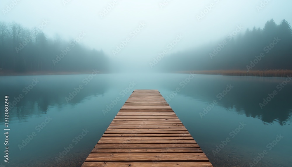 Fototapeta premium A wooden dock extending into a mistcovered lake, early morning fog lifting, soft and dreamy lighting, calm and tranquil nature landscape, breathtaking clarity, Midjourney v6