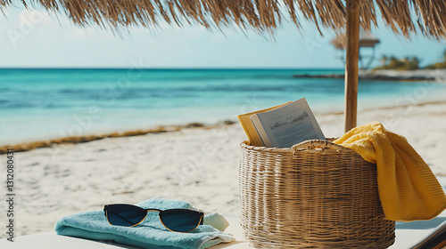 20250306215230list 26 20250306215049list 8 20250306214924list 1 A casual shot of a beach bag with sunglasses, a towel, and a book resting on a sunbed under a thatched umbrella. The sandy beach 