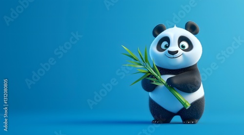 Cute cartoon panda holding bamboo on blue background