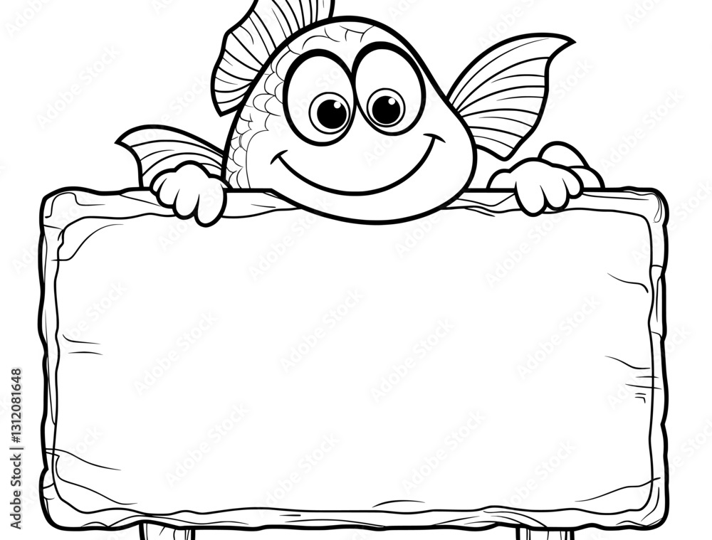 Fototapeta premium A fish is shown holding a sign in this black and white illustration