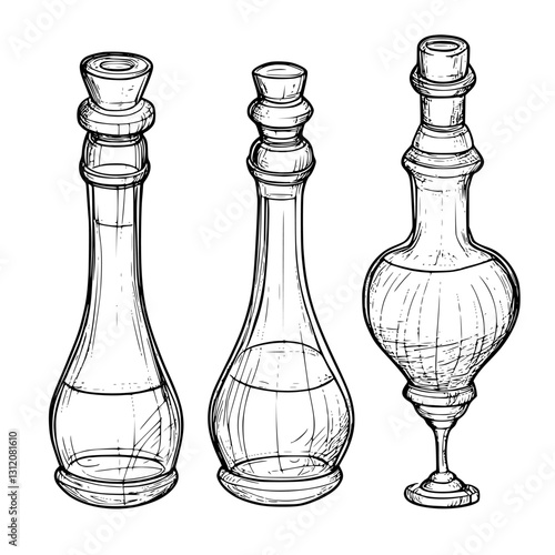 Collection of vintage glass bottles displayed on a plain background with intricate designs and varying shapes
