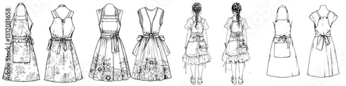 Various designs of aprons showcasing styles, patterns, and lengths for different cooking and crafting activities