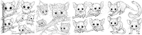 Delightful sketches of adorable small animals interacting on branches in a lively forest setting