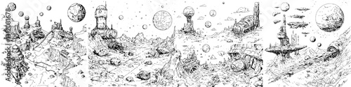 Exploring abandoned space structures with distant planets and swirling galaxies in a detailed black and white illustration