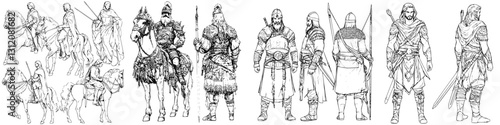 Historical warriors in various poses and attire showcasing medieval armor and weaponry at a fantasy-themed event
