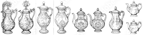 Ornate collection of vintage teapots and coffee pots adorned with intricate floral designs displayed on a white background