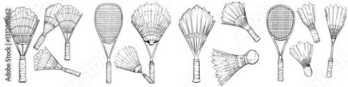 Various types of rackets and shuttlecocks used in badminton displayed in a creative arrangement