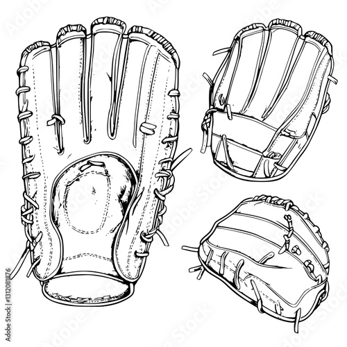 Detailed sketches of a baseball glove showcasing different angles and features used in the sport