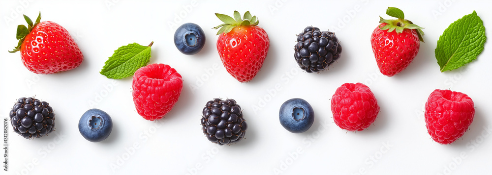 Top View of Fresh Berries and Mint Leaves on a White Background
Top View of Fresh Berries and Mint Leaves on a White Background