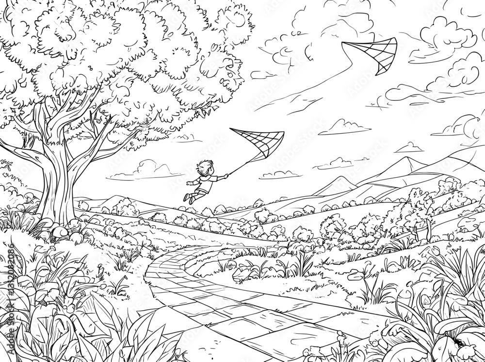 Obraz premium A black and white sketch illustration of a landscape featuring a road, trees, and a boy playing with a kite is presented in a modern style