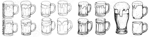 Various types of beer mugs filled with frothy beer displayed in an artistic arrangement
