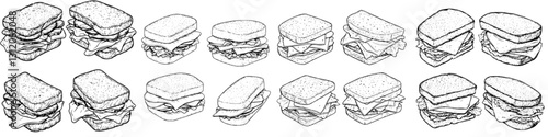 Collection of various sandwich illustrations showcasing unique layers and ingredients in a minimalist style