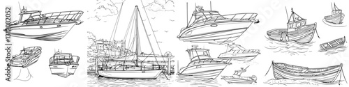 Various types of boats and yachts docked in a coastal harbor during a sunny day with clear skies