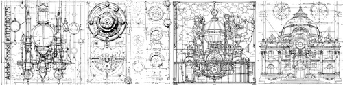 Detailed technical drawings of a mechanical apparatus showcasing design elements and engineering concepts from an architectural perspective