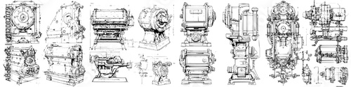 Technical drawings of various vintage machinery components displayed in a detailed layout for engineering reference
