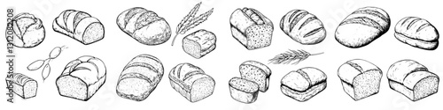 Assorted bread loaves and rolls displayed in a traditional baking style with wheat and grain elements