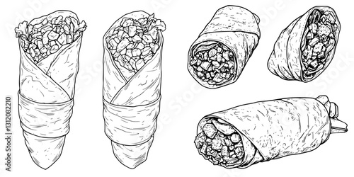 Detailed illustrations of various types of burritos ready for serving at a food event or restaurant setting