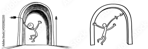 A conceptual illustration depicts a stick figure of a businessman plummeting into a deep chasm, embodying the idea of overcoming obstacles and dealing with failure