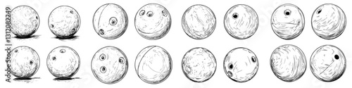 Various designs and patterns of bowling balls displayed in a structured arrangement