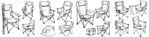 Various types of folding camp chairs arranged in a neat display for outdoor activities or events