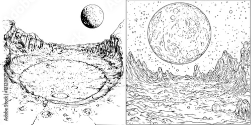 Detailed moon landscape showcasing craters and mountain ranges under a starry sky at night