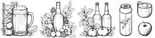 Collection of hand-drawn beverage illustrations featuring glass, bottles, and fruit