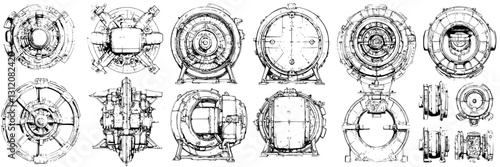 Detailed technical sketches of a mechanical apparatus showcasing various angles and components