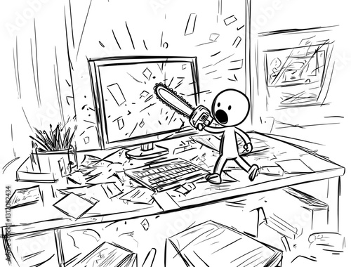 Conceptual illustration of an enraged businessman wielding a chainsaw to demolish a computer and work desk, depicted in a cartoon stick figure style, symbolizing frustration and suppressed anger in a