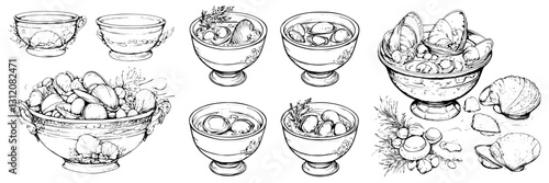 Detailed illustrations of various types of bowls filled with seafood and shells in a variety of styles and sizes