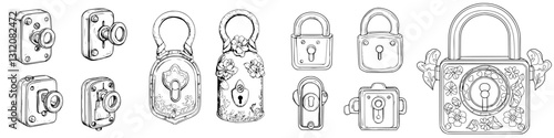 Decorative locks in various styles displayed on a white background for artistic inspiration and design purposes