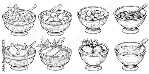 Culinary variety displayed in decorative bowls showcasing fresh ingredients and prepared dishes