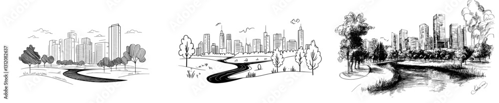 Fototapeta premium A hand-drawn doodle illustration of a cityscape with office buildings, a river, and a park, presented in a modern style