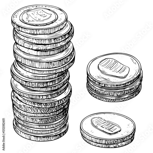 Stacked coins in detailed sketch showcasing various sizes and designs during an artistic rendering