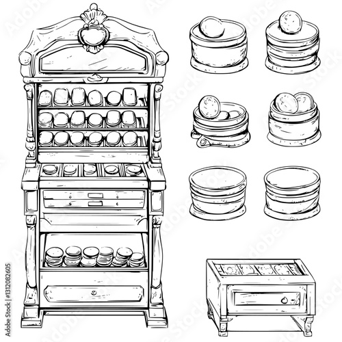 Display cabinet with various pastries and desserts illustrated in a vintage style for culinary art