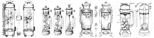 Sketches of various herbal infusion containers and tea brewing devices used for creating infused beverages