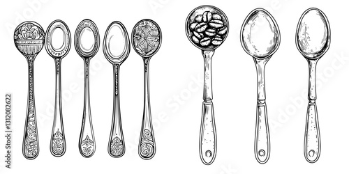Detailed black and white illustration of vintage and modern spoons showcasing various designs and shapes
