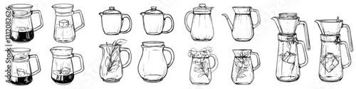 Various types of tea and coffee brewing equipment lined up on a wooden surface in an artistic display, showcasing different styles and designs