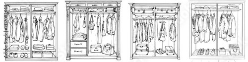 Detailed sketches of a well-organized wardrobe showcasing clothing, accessories, and storage solutions
