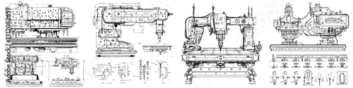Various industrial robotic arms and machines displayed with engineering schematics and blueprints, showcasing detailed designs