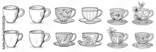 Various uniquely designed tea and coffee cups displayed in intricate styles and patterns on a white background