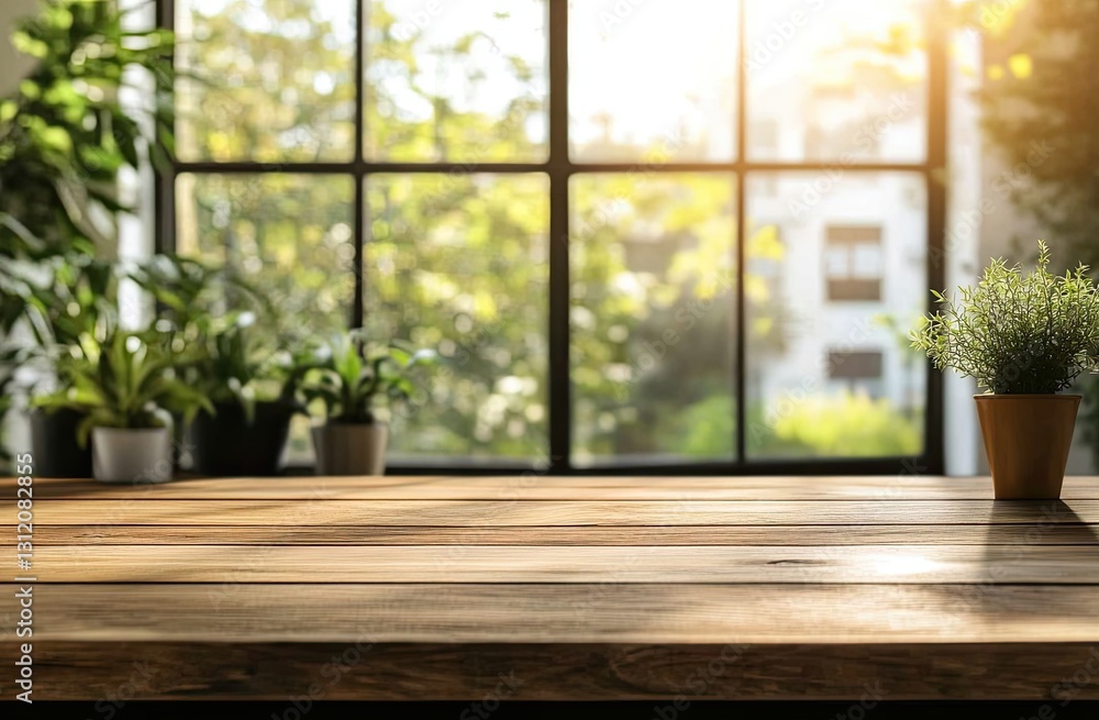 Wooden table in front of sunny window with plants Wooden table in front of sunny window with plants