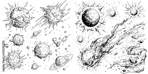 Asteroid belt and celestial bodies in intricate black and white illustration showcasing cosmic elements and space phenomena