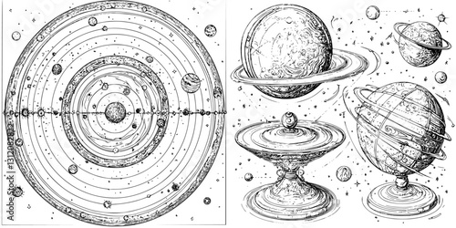 Exploring the intricate drawings of celestial bodies and the cosmos in a vintage artistic style