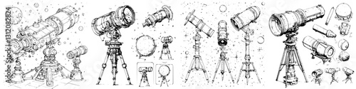 Sketches of various telescopes in astronomical observation setups with detailed designs and cosmic elements