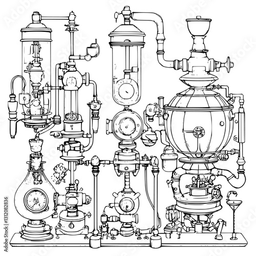 Detailed schematic of a historical distillation setup showcasing intricate glass apparatus and connected tubes